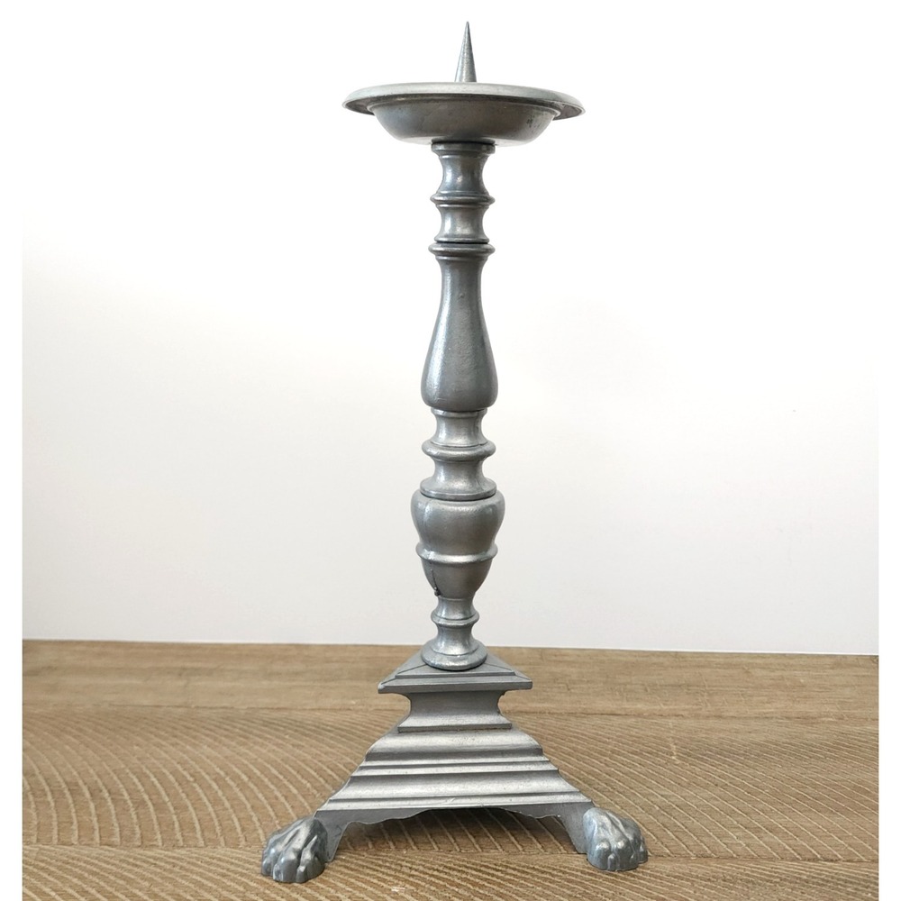 Vintage Tall Candle Holder with Spike Pewter 11 Inch Claw Feet